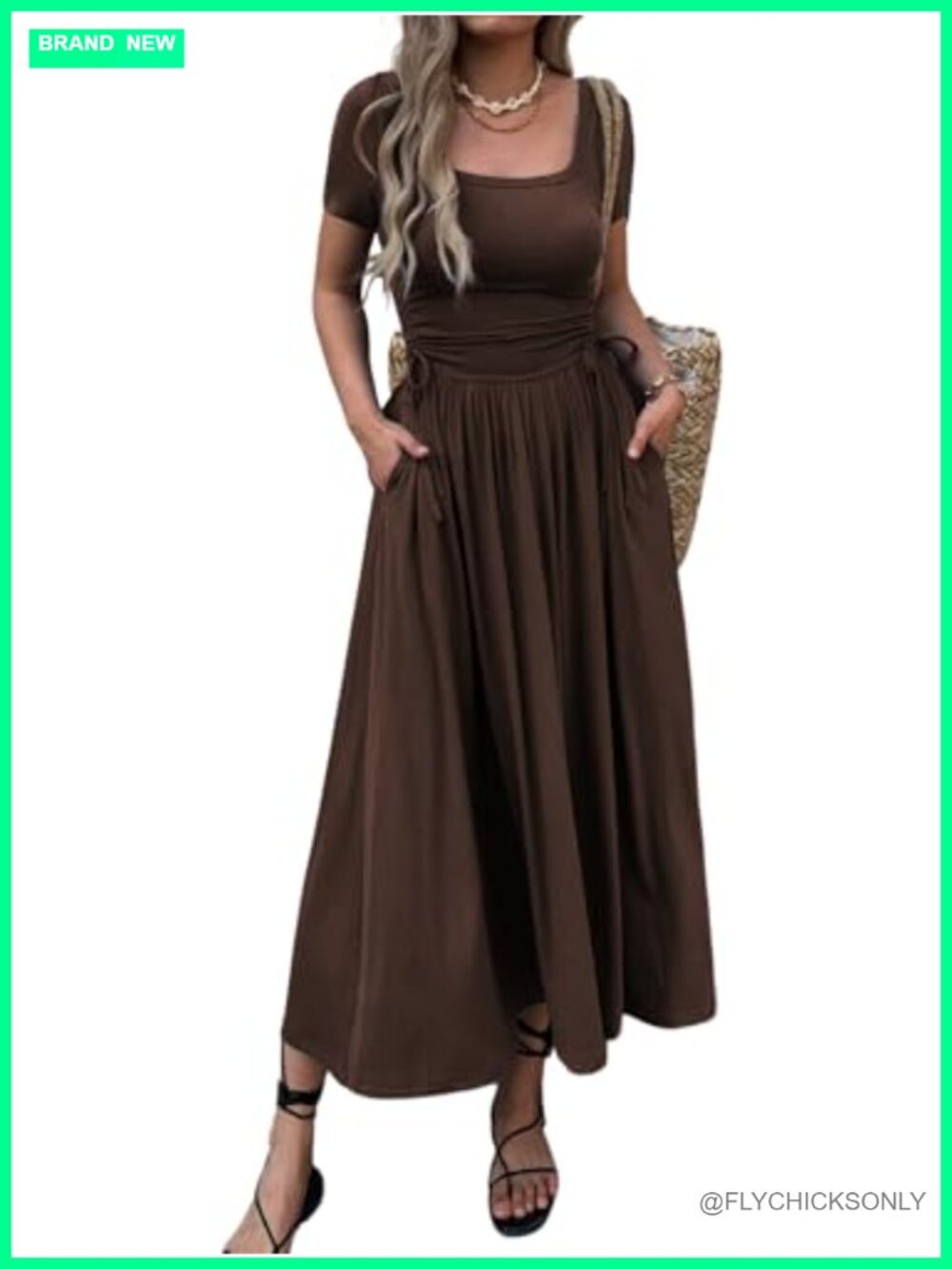 Women's Short Sleeve Maxi Dress Bodycon Adjustable Waist Flowy Hem Stretch